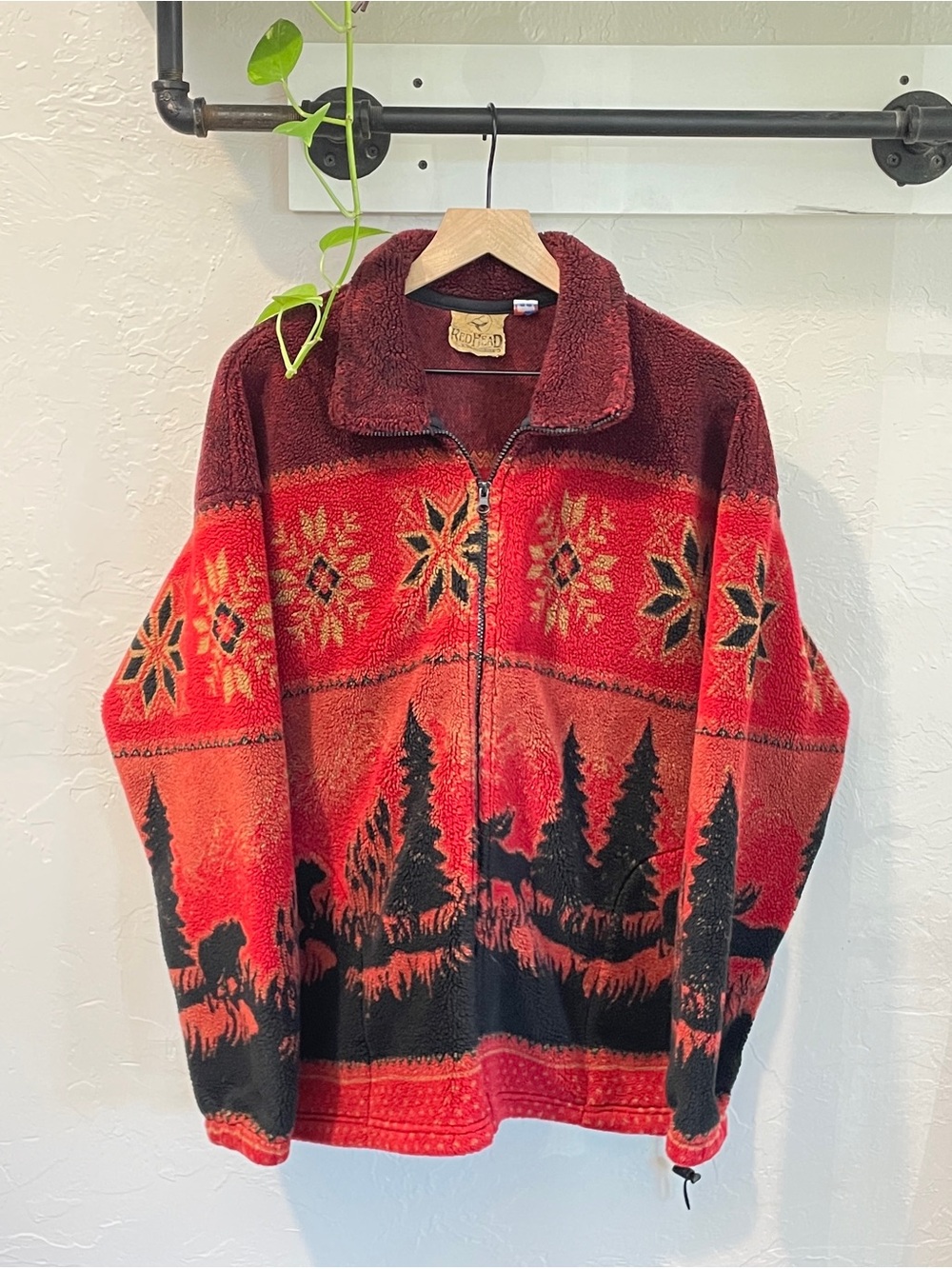 VTG Readhead Unisex Deep Pile Moose Bear Nordic Full Zip Fleece Jacket XL